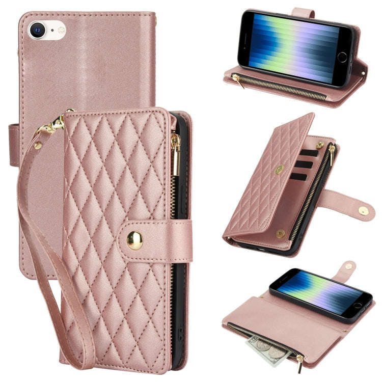 YM016 Rhombic Zipper Card Wallet Leather Phone Case with Lanyard, For iPhone 15, For iPhone 14 Pl...
