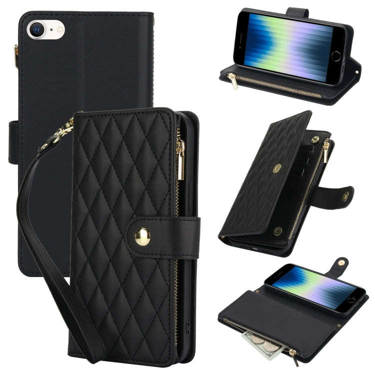 YM016 Rhombic Zipper Card Wallet Leather Phone Case with Lanyard, For iPhone 15, For iPhone 14 Pl...