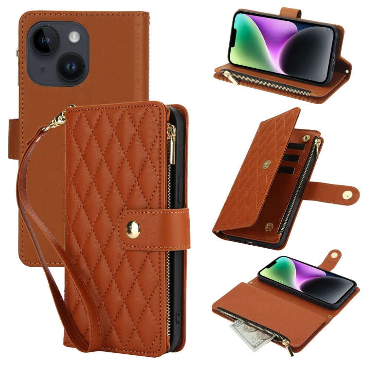 YM016 Rhombic Zipper Card Wallet Leather Phone Case with Lanyard, For iPhone 15, For iPhone 14 Pl...