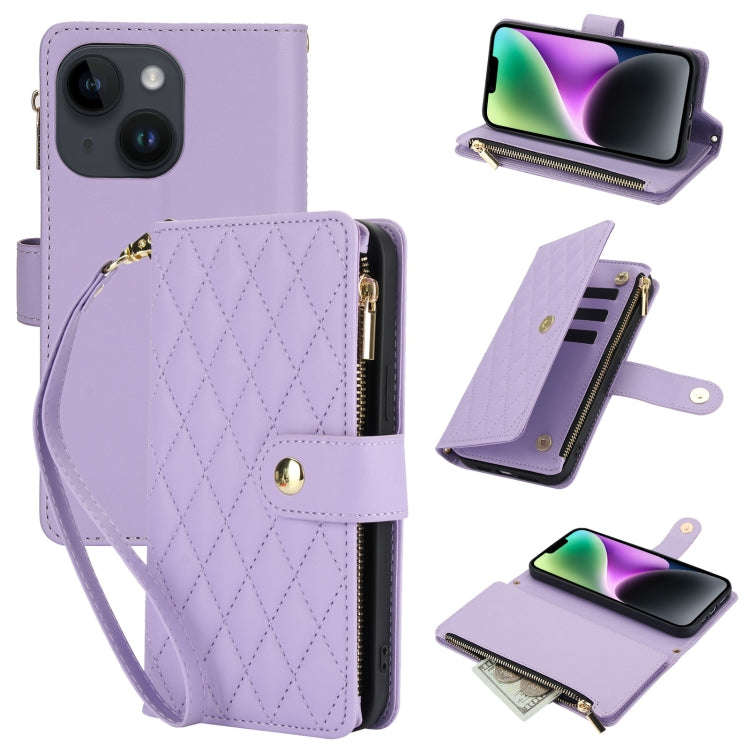 YM016 Rhombic Zipper Card Wallet Leather Phone Case with Lanyard, For iPhone 15, For iPhone 14 Pl...
