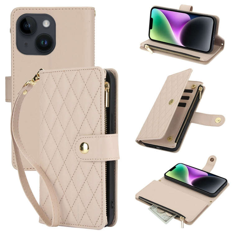 YM016 Rhombic Zipper Card Wallet Leather Phone Case with Lanyard, For iPhone 15, For iPhone 14 Pl...