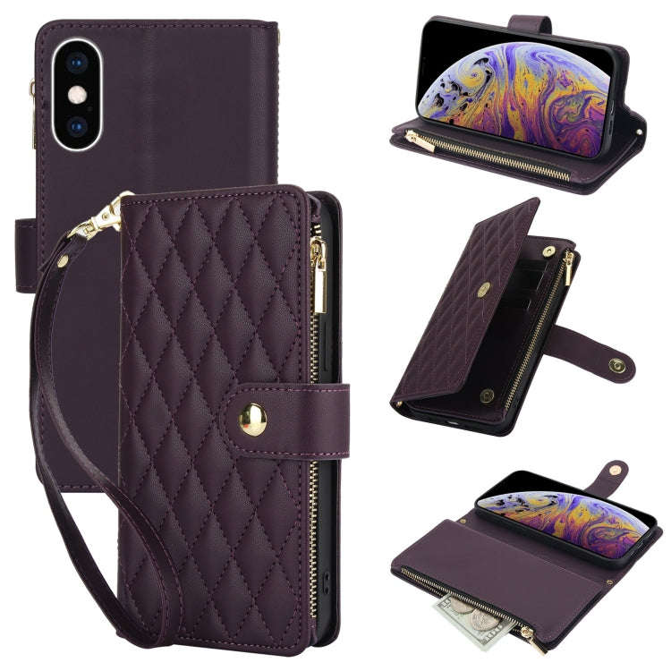 YM016 Rhombic Zipper Card Wallet Leather Phone Case with Lanyard, For iPhone XS Max, For iPhone 8...