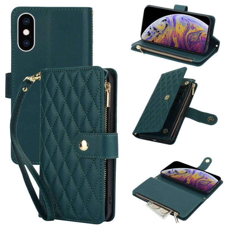 YM016 Rhombic Zipper Card Wallet Leather Phone Case with Lanyard, For iPhone XS Max, For iPhone 8...