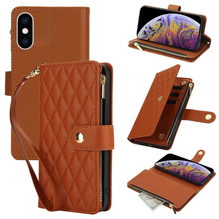 YM016 Rhombic Zipper Card Wallet Leather Phone Case with Lanyard, For iPhone XS Max, For iPhone 8...