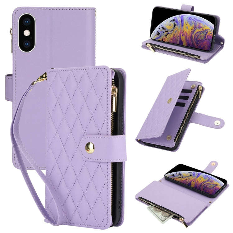 YM016 Rhombic Zipper Card Wallet Leather Phone Case with Lanyard, For iPhone XS Max, For iPhone 8...