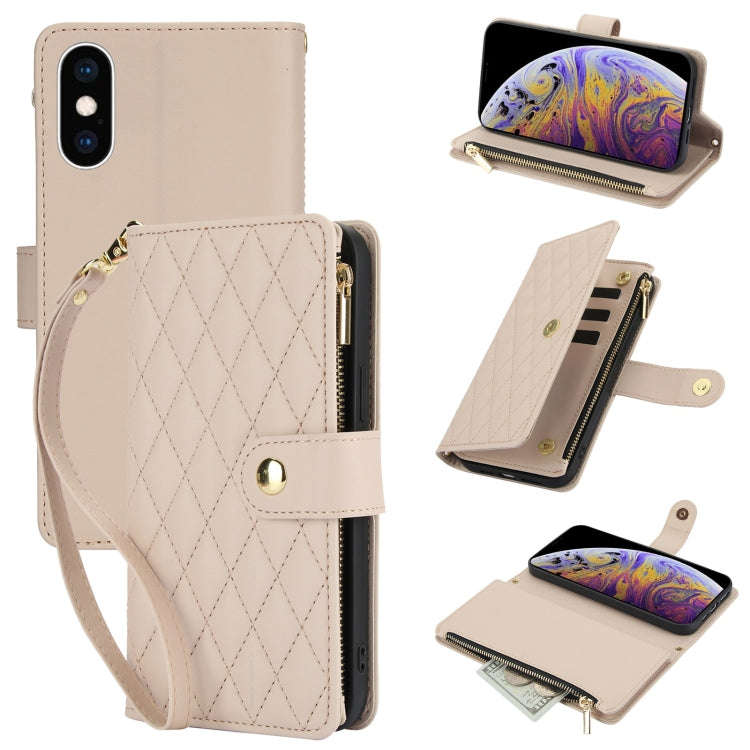 YM016 Rhombic Zipper Card Wallet Leather Phone Case with Lanyard, For iPhone XS Max, For iPhone 8...