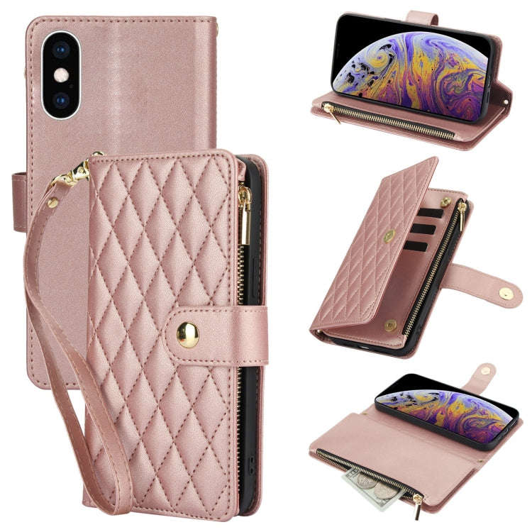 YM016 Rhombic Zipper Card Wallet Leather Phone Case with Lanyard, For iPhone XS Max, For iPhone 8...