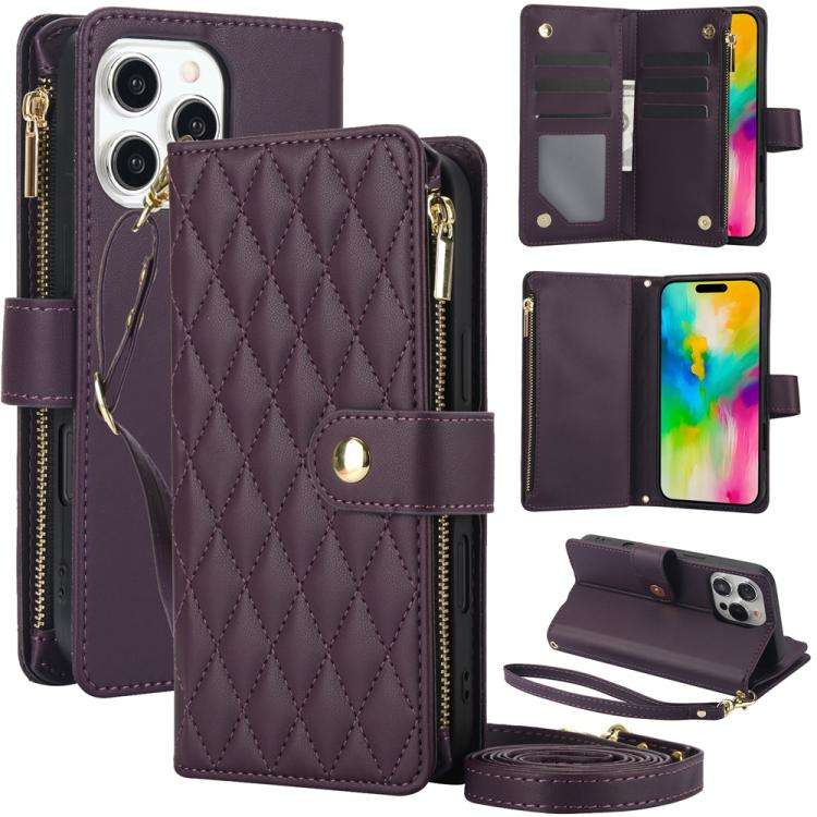 YM016 Rhombic Zipper Card Wallet Leather Phone Case with Lanyard, For iPhone 16 Pro, For iPhone 1...
