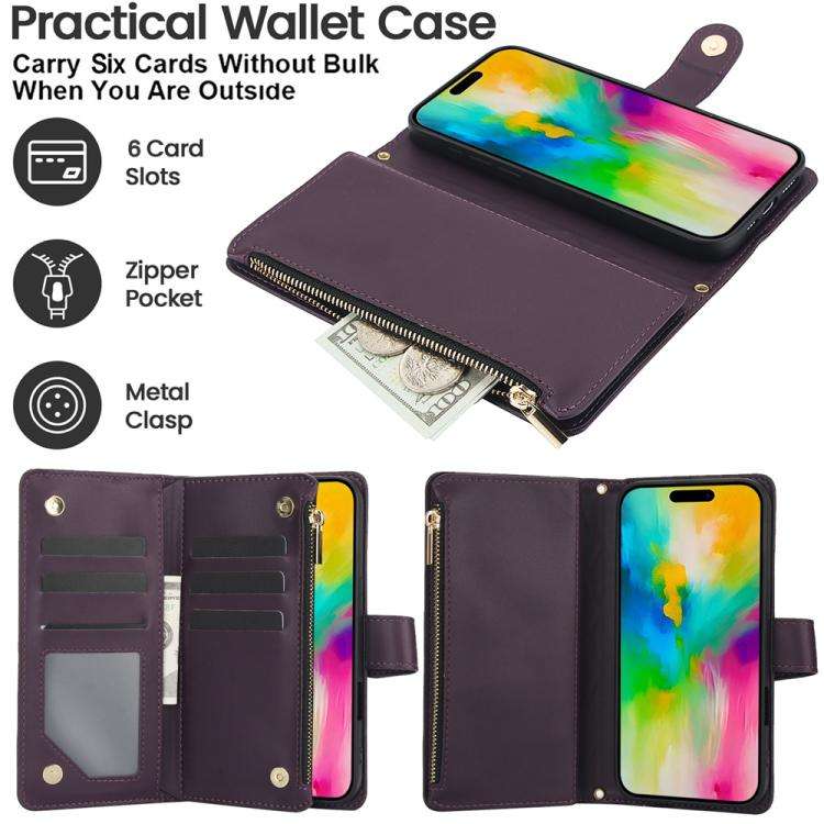 YM016 Rhombic Zipper Card Wallet Leather Phone Case with Lanyard, For iPhone 16 Pro, For iPhone 1...