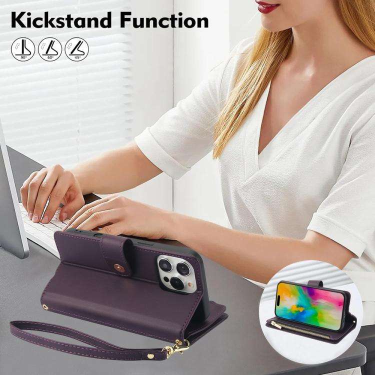 YM016 Rhombic Zipper Card Wallet Leather Phone Case with Lanyard, For iPhone 16 Pro, For iPhone 1...