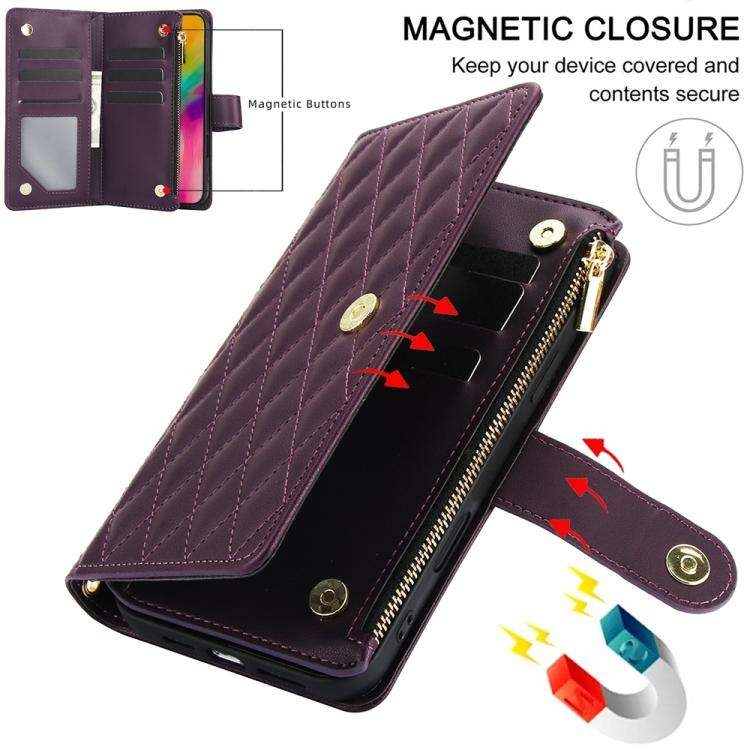 YM016 Rhombic Zipper Card Wallet Leather Phone Case with Lanyard, For iPhone 16 Pro, For iPhone 1...