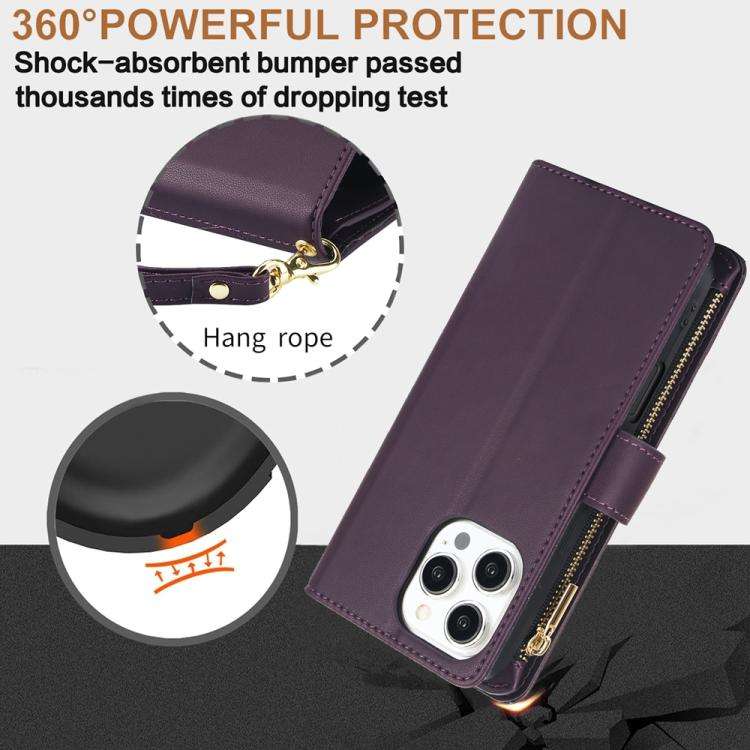 YM016 Rhombic Zipper Card Wallet Leather Phone Case with Lanyard, For iPhone 16 Pro, For iPhone 1...
