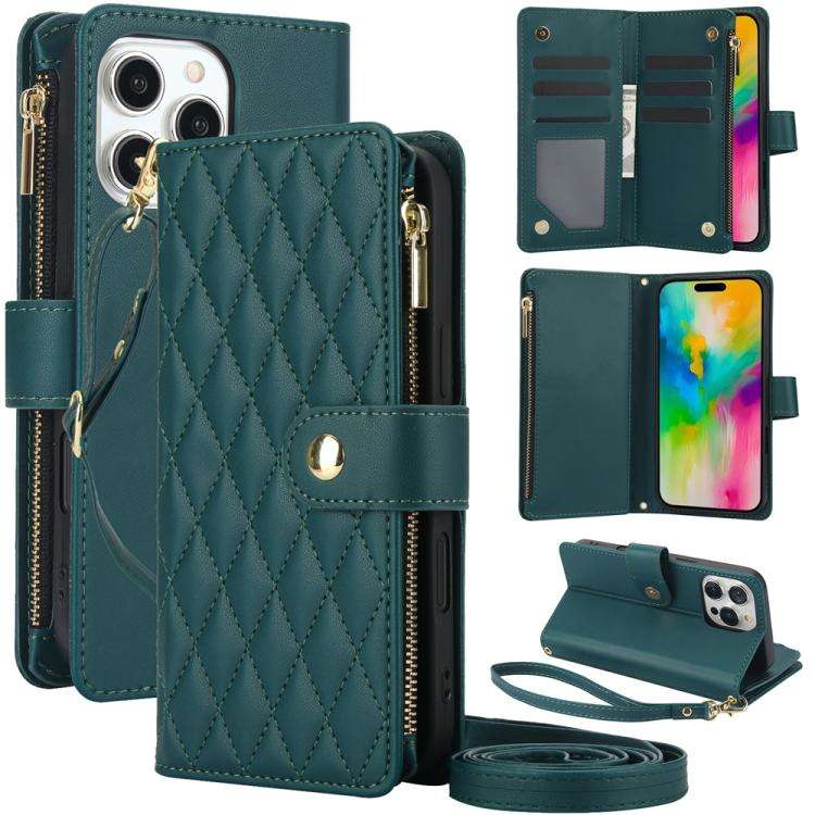 YM016 Rhombic Zipper Card Wallet Leather Phone Case with Lanyard, For iPhone 16 Pro, For iPhone 1...