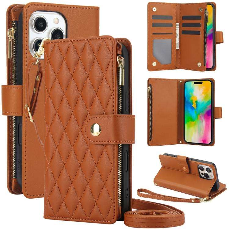 YM016 Rhombic Zipper Card Wallet Leather Phone Case with Lanyard, For iPhone 16 Pro, For iPhone 1...
