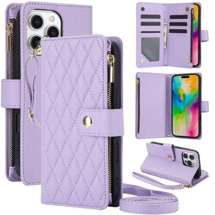 YM016 Rhombic Zipper Card Wallet Leather Phone Case with Lanyard, For iPhone 16 Pro, For iPhone 1...