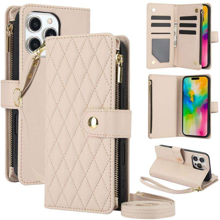 YM016 Rhombic Zipper Card Wallet Leather Phone Case with Lanyard, For iPhone 16 Pro, For iPhone 1...