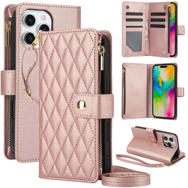 YM016 Rhombic Zipper Card Wallet Leather Phone Case with Lanyard, For iPhone 16 Pro, For iPhone 1...