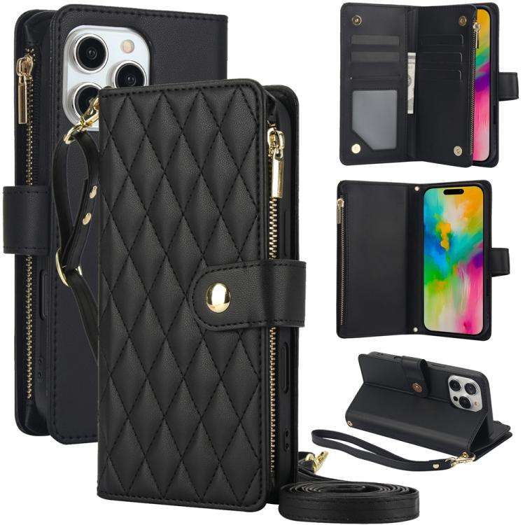 YM016 Rhombic Zipper Card Wallet Leather Phone Case with Lanyard, For iPhone 16 Pro, For iPhone 1...