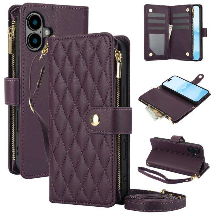 YM016 Rhombic Zipper Card Wallet Leather Phone Case with Lanyard, For iPhone 16 Pro, For iPhone 1...