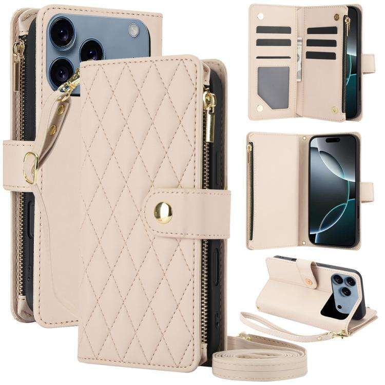 YM016 Rhombic Zipper Card Wallet Leather Phone Case with Lanyard, For iPhone 17e / 16e, For iPhon...