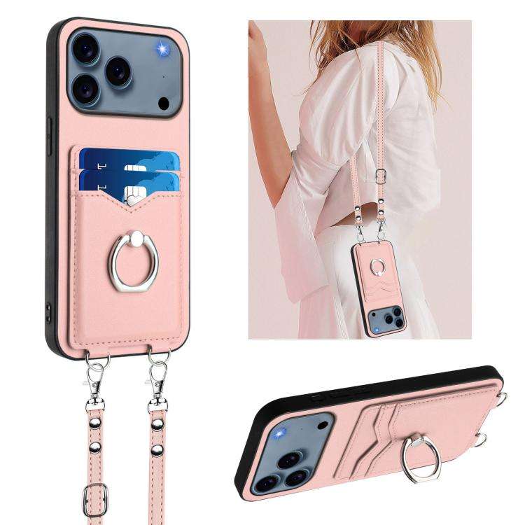 R20 Crossbody Rope Ring Card Holder Phone Case, For iPhone 18 Pro / 17 Pro, For iPhone 18 Pro Max...