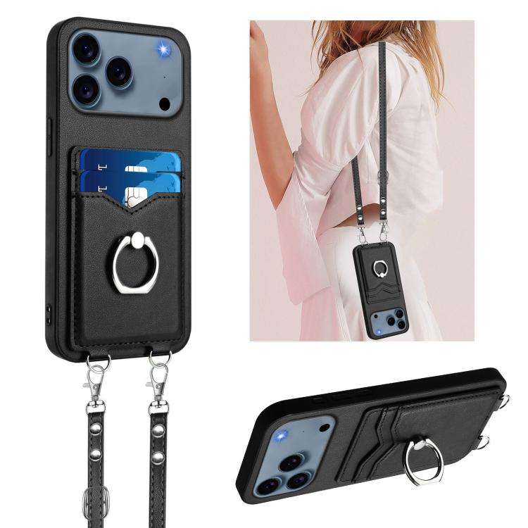 R20 Crossbody Rope Ring Card Holder Phone Case, For iPhone 18 Pro / 17 Pro, For iPhone 18 Pro Max...