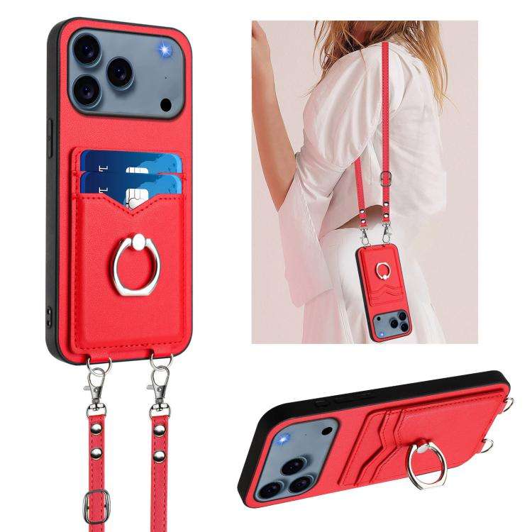 R20 Crossbody Rope Ring Card Holder Phone Case, For iPhone 18 Pro / 17 Pro, For iPhone 18 Pro Max...