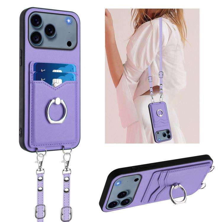 R20 Crossbody Rope Ring Card Holder Phone Case, For iPhone 18 Pro / 17 Pro, For iPhone 18 Pro Max...