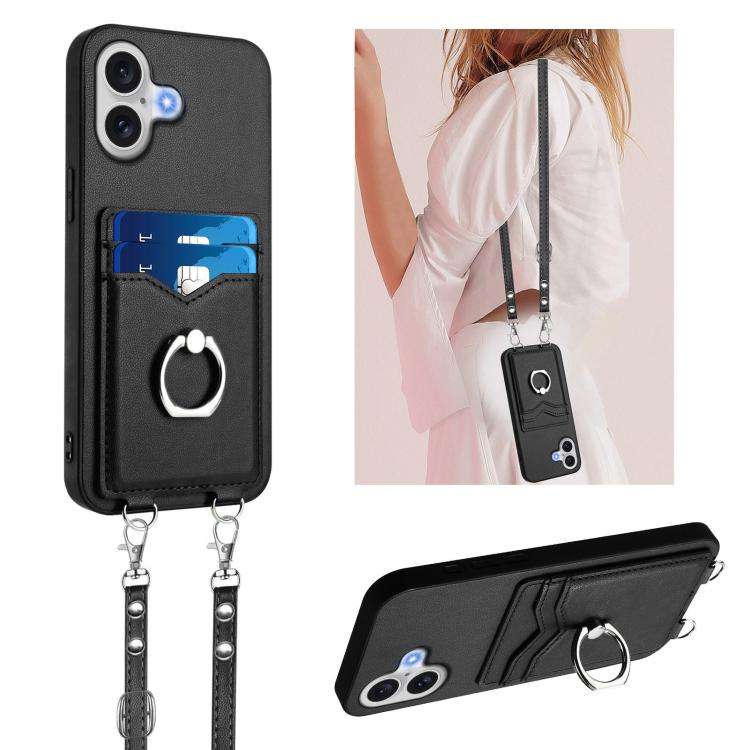 R20 Crossbody Rope Ring Card Holder Phone Case, For iPhone 18 Pro / 17 Pro, For iPhone 18 Pro Max...