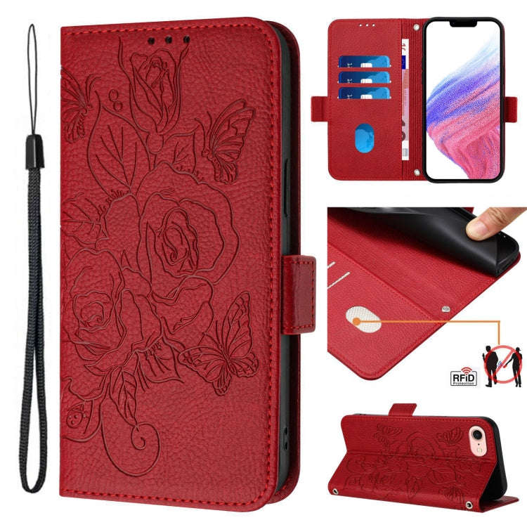 Embossed Rose RFID Anti-theft Leather Phone Case, For iPhone 14 Pro Max, For iPhone SE 2022 / SE ...