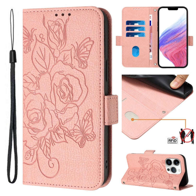 Embossed Rose RFID Anti-theft Leather Phone Case, For iPhone 18 Pro / 17 Pro, For iPhone 18 Pro M...