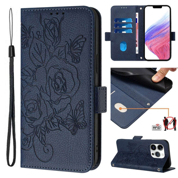 Embossed Rose RFID Anti-theft Leather Phone Case, For iPhone 18 Pro / 17 Pro, For iPhone 18 Pro M...