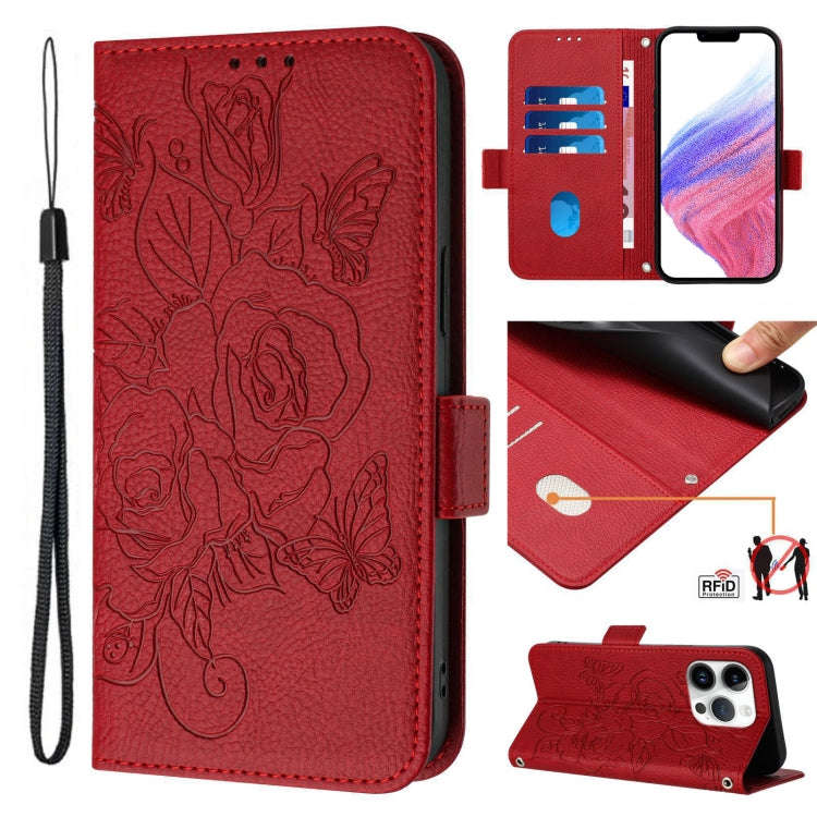 Embossed Rose RFID Anti-theft Leather Phone Case, For iPhone 18 Pro / 17 Pro, For iPhone 18 Pro M...