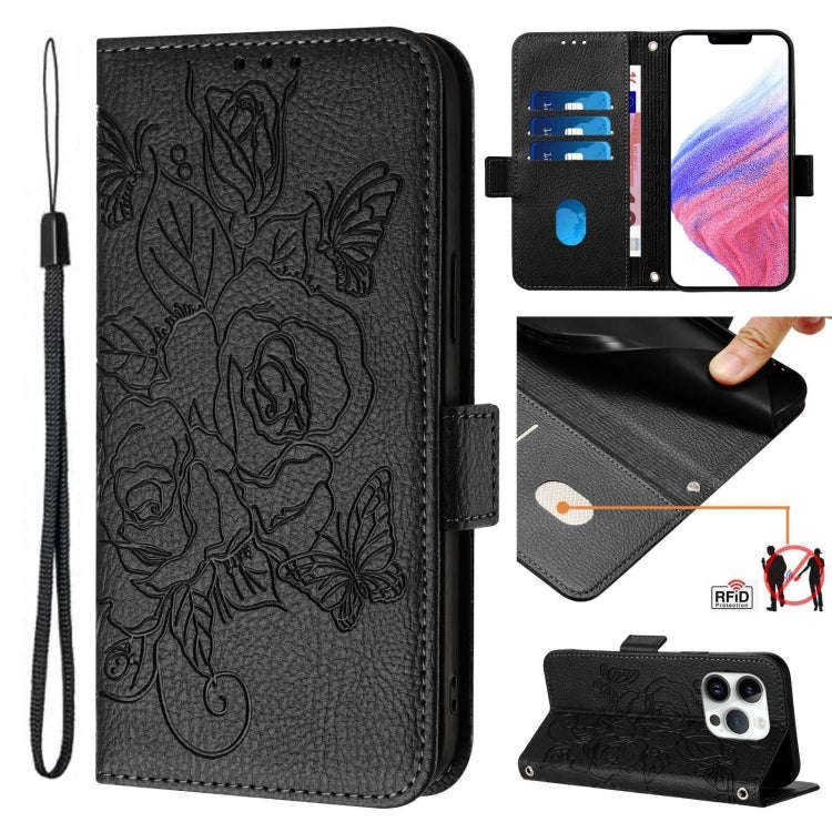 Embossed Rose RFID Anti-theft Leather Phone Case, For iPhone 18 Pro / 17 Pro, For iPhone 18 Pro M...