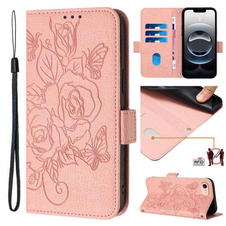 Embossed Rose RFID Anti-theft Leather Phone Case, For iPhone 18 Pro / 17 Pro, For iPhone 18 Pro M...