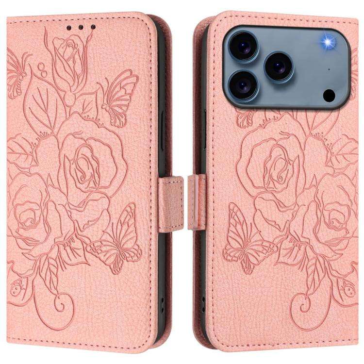 Embossed Rose RFID Anti-theft Leather Phone Case, For iPhone 18 Pro / 17 Pro, For iPhone 18 Pro M...