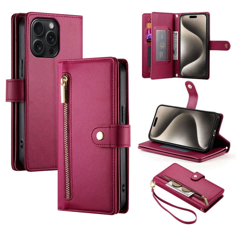 Nine Card-slot Zipper Wallet Bag Leather Phone Case, For iPhone 16, For iPhone 15 Pro Max, For iP...