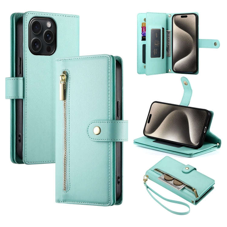 Nine Card-slot Zipper Wallet Bag Leather Phone Case, For iPhone 16, For iPhone 15 Pro Max, For iP...