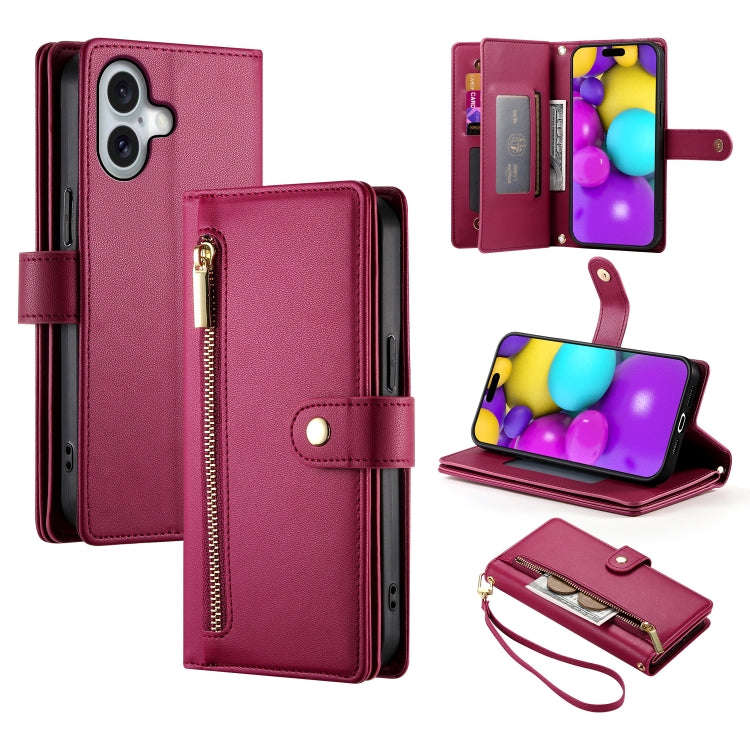 Nine Card-slot Zipper Wallet Bag Leather Phone Case, For iPhone 16, For iPhone 15 Pro Max, For iP...