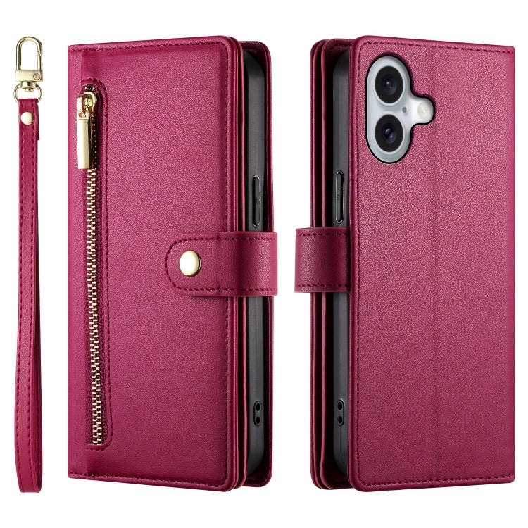 Nine Card-slot Zipper Wallet Bag Leather Phone Case, For iPhone 16, For iPhone 15 Pro Max, For iP...