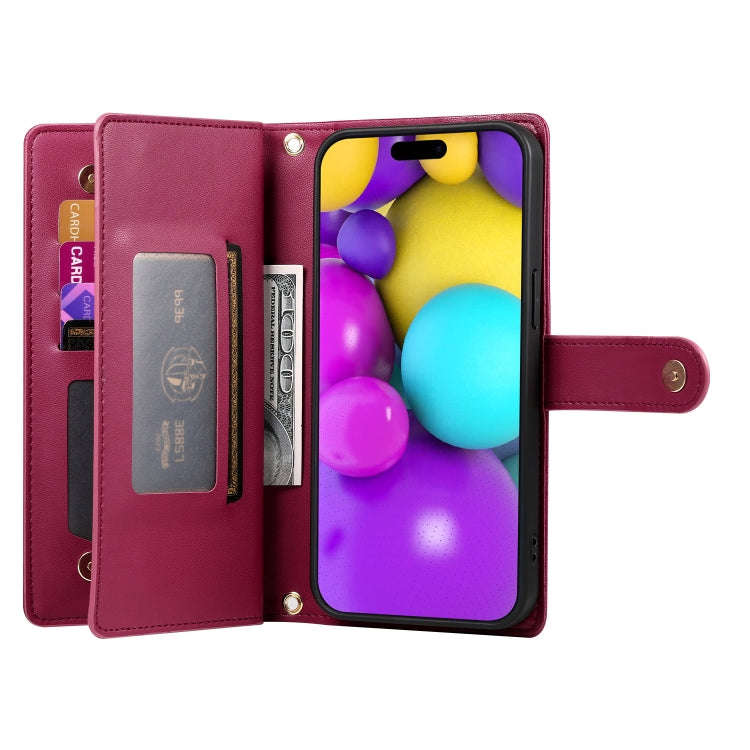 Nine Card-slot Zipper Wallet Bag Leather Phone Case, For iPhone 16, For iPhone 15 Pro Max, For iP...
