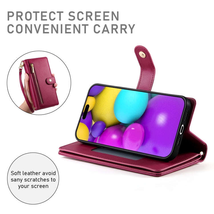 Nine Card-slot Zipper Wallet Bag Leather Phone Case, For iPhone 16, For iPhone 15 Pro Max, For iP...