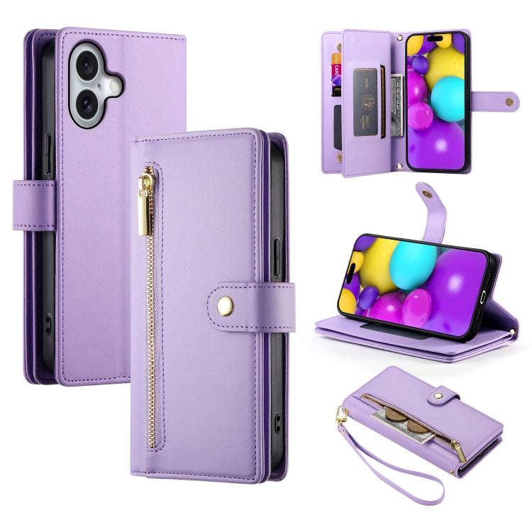 Nine Card-slot Zipper Wallet Bag Leather Phone Case, For iPhone 16, For iPhone 15 Pro Max, For iP...
