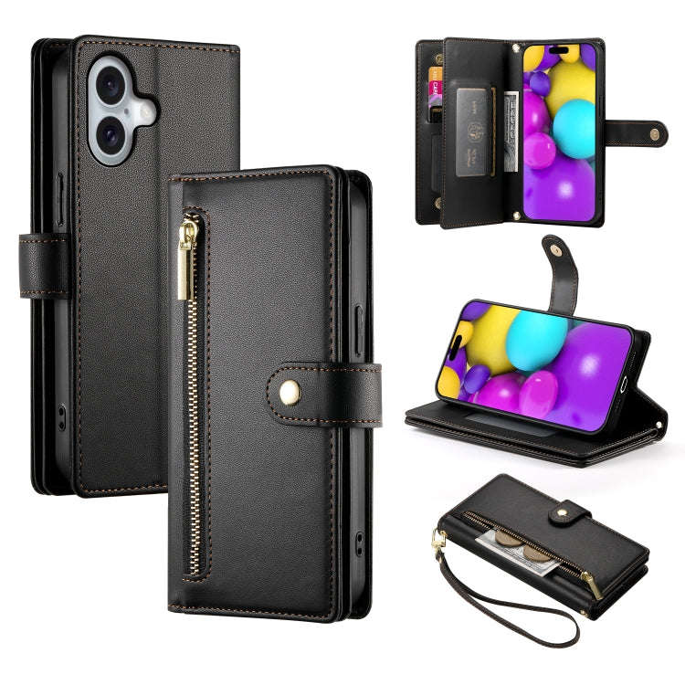 Nine Card-slot Zipper Wallet Bag Leather Phone Case, For iPhone 16, For iPhone 15 Pro Max, For iP...