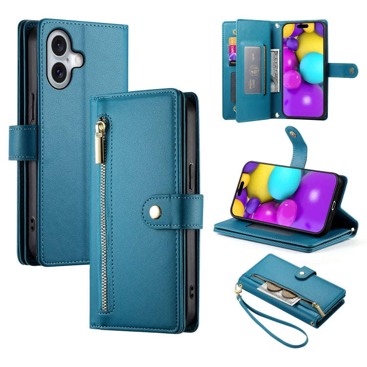 Nine Card-slot Zipper Wallet Bag Leather Phone Case, For iPhone 16, For iPhone 15 Pro Max, For iP...