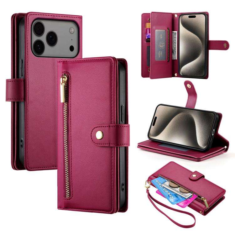 Nine Card-slot Zipper Wallet Bag Leather Phone Case, For iPhone 17 Pro Max, For iPhone 17 Pro, Fo...