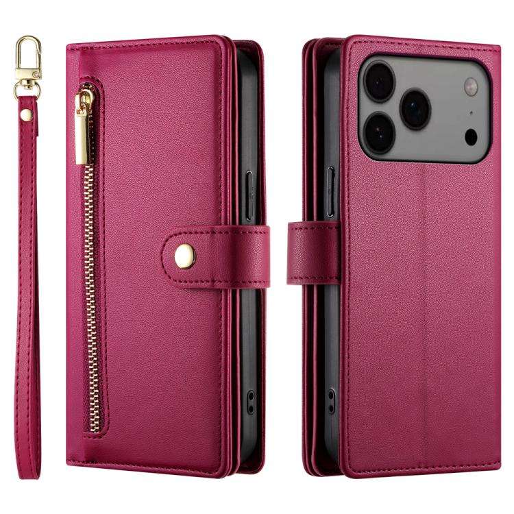 Nine Card-slot Zipper Wallet Bag Leather Phone Case, For iPhone 17 Pro Max, For iPhone 17 Pro, Fo...