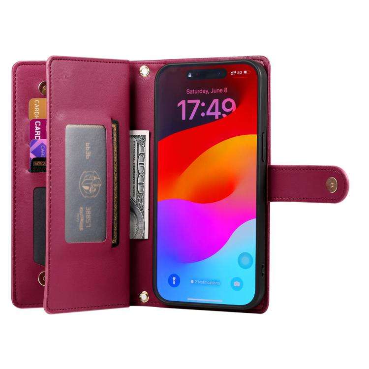 Nine Card-slot Zipper Wallet Bag Leather Phone Case, For iPhone 17 Pro Max, For iPhone 17 Pro, Fo...