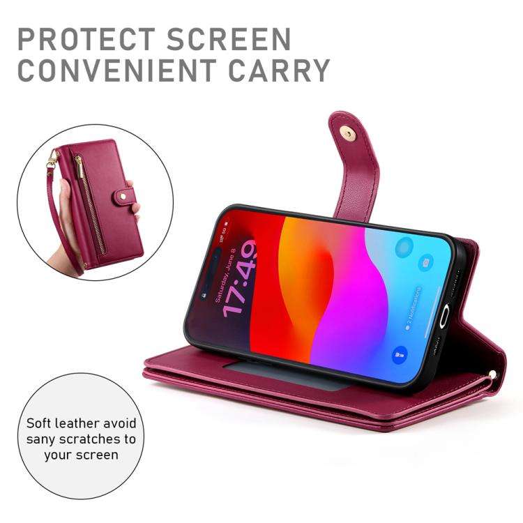 Nine Card-slot Zipper Wallet Bag Leather Phone Case, For iPhone 17 Pro Max, For iPhone 17 Pro, Fo...
