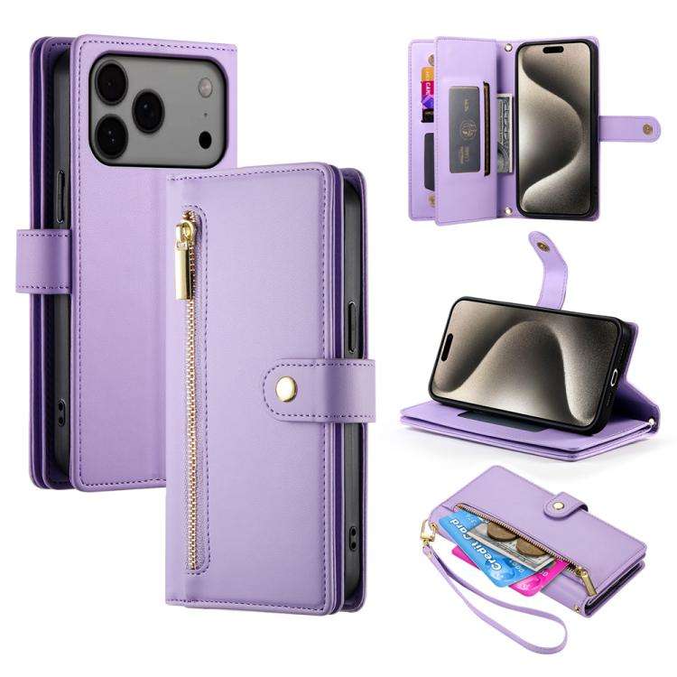 Nine Card-slot Zipper Wallet Bag Leather Phone Case, For iPhone 17 Pro Max, For iPhone 17 Pro, Fo...
